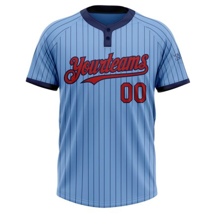 Custom Name Number Unisex Softball Jersey Light Blue Navy Pinstripe Two-Button Red Design - Personalized Team Apparel Personalized