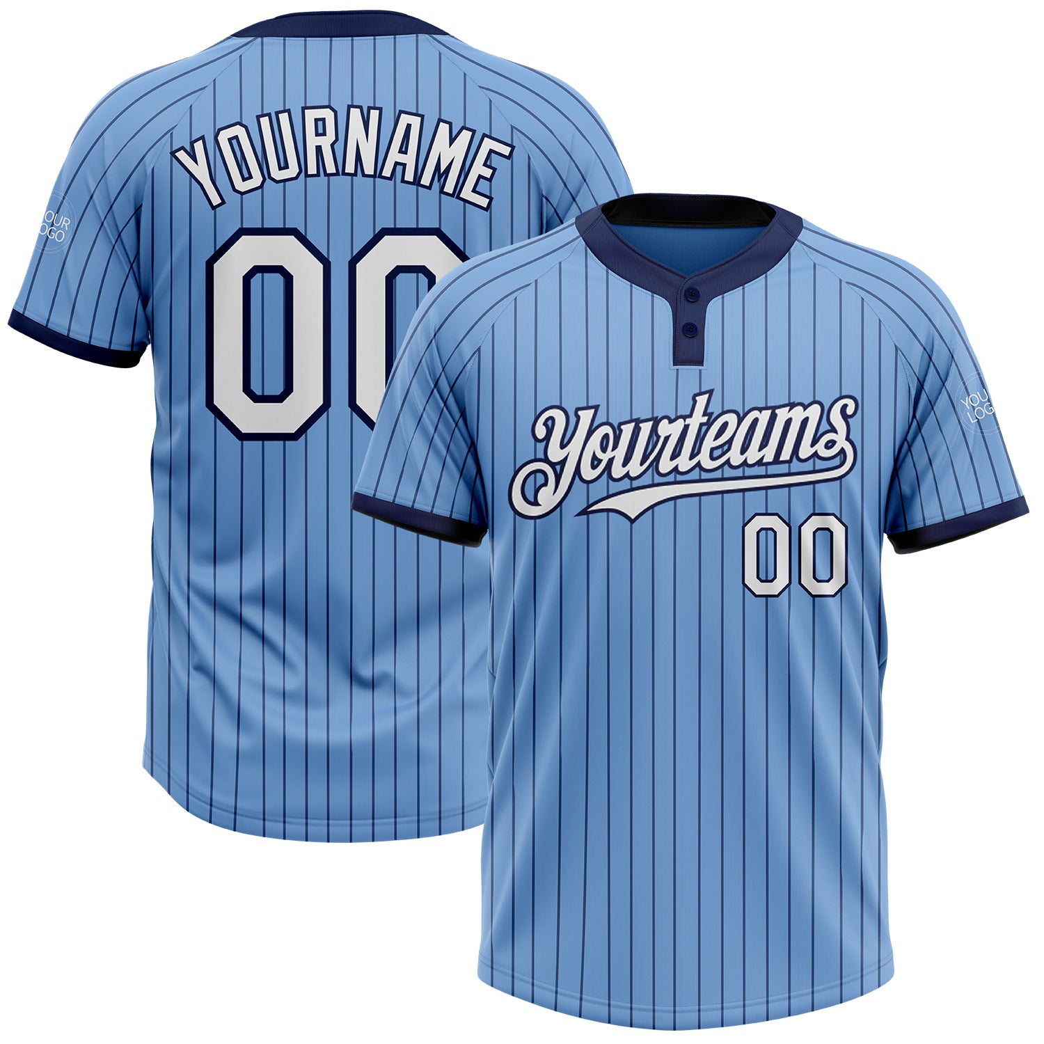 Custom Team Softball Jersey - Light Blue Navy Pinstripe, White, Two-Button, Unisex, Personalized Name & Number Personalized