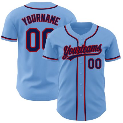 Personalized Light Blue Baseball Jersey with Navy and Red Accents - Authentic Design Personalized Light Blue Navy-Red Authentic