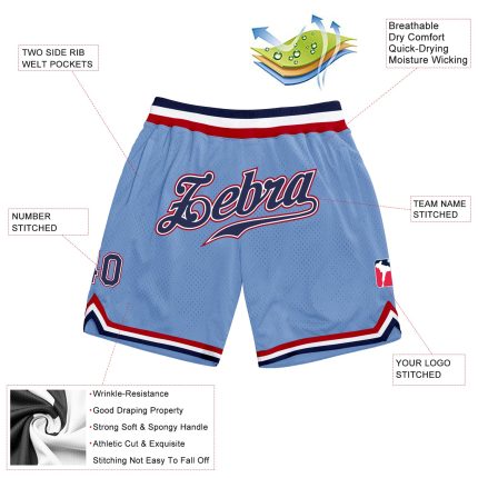 Custom Name Number Authentic Basketball Shorts Light Blue Navy Red Throwback Style Personalized Light Blue Navy-Red Authentic