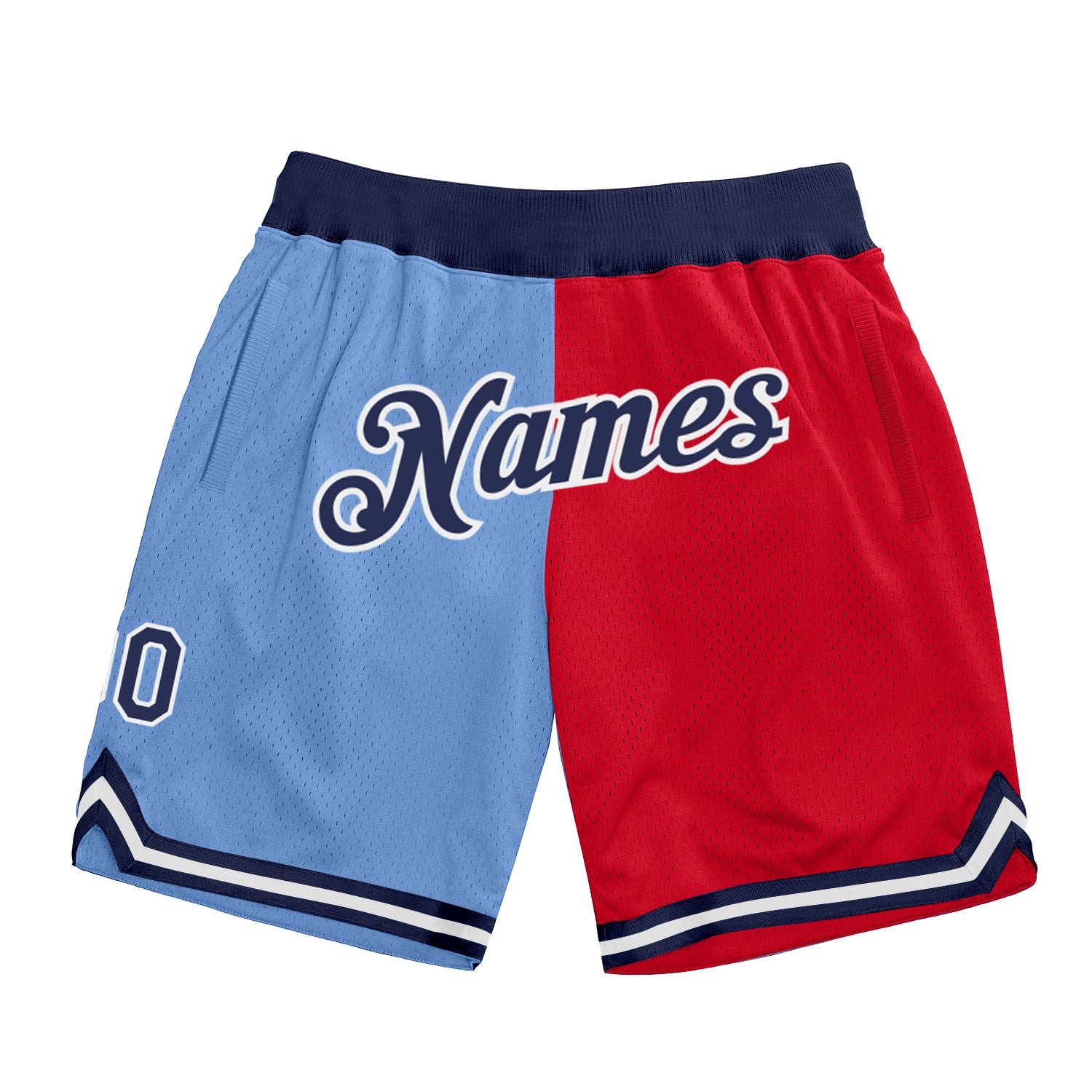 Custom Team Basketball Shorts with Name and Number - Light Blue Navy Red Authentic Throwback Split Fashion Personalized Light
