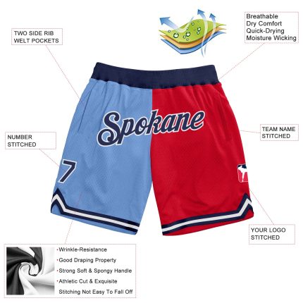 Custom Team Basketball Shorts with Name and Number - Light Blue Navy Red Authentic Throwback Split Fashion Personalized Light