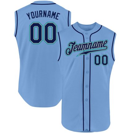 Custom Name Number Baseball Jersey - Personalized Light Blue Navy-Teal Sleeveless Authentic Team Apparel Personalized Light
