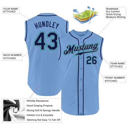 Custom Name Number Baseball Jersey - Personalized Light Blue Navy-Teal Sleeveless Authentic Team Apparel Personalized Light