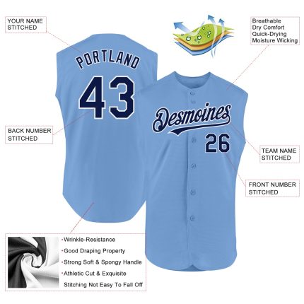 Personalized Light Blue Navy White Sleeveless Baseball Jersey Authentic Personalized Light Blue Navy-White Authentic Sleeveless