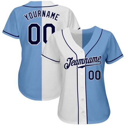 Custom Name and Number Baseball Jersey - Light Blue Navy-White Authentic Split Fashion Design Personalized Light Blue Navy-White