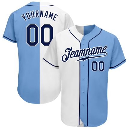 Custom Name and Number Baseball Jersey - Light Blue Navy-White Authentic Split Fashion Design Personalized Light Blue Navy-White