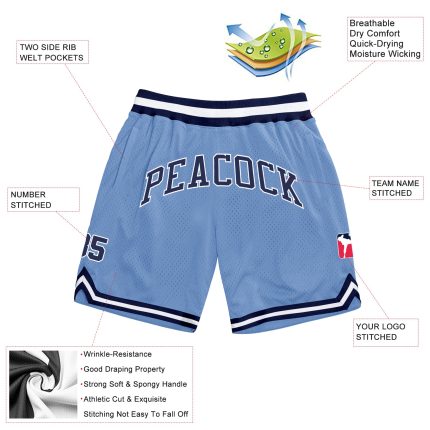 Customized Light Blue and Navy Authentic Throwback Basketball Shorts with Custom Name and Number Personalized Light Blue