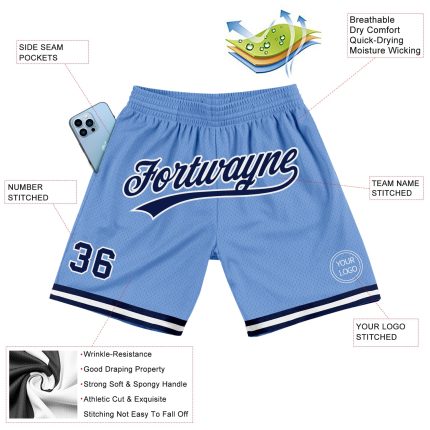 Personalized Light Blue Basketball Shorts - Authentic Throwback Navy-White Design Personalized Light Blue Navy-White Authentic