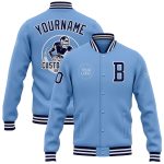 Personalized Light Blue Navy White Bomber Varsity Letterman Jacket - Custom Full-Snap Design Personalized Light Blue Navy-White
