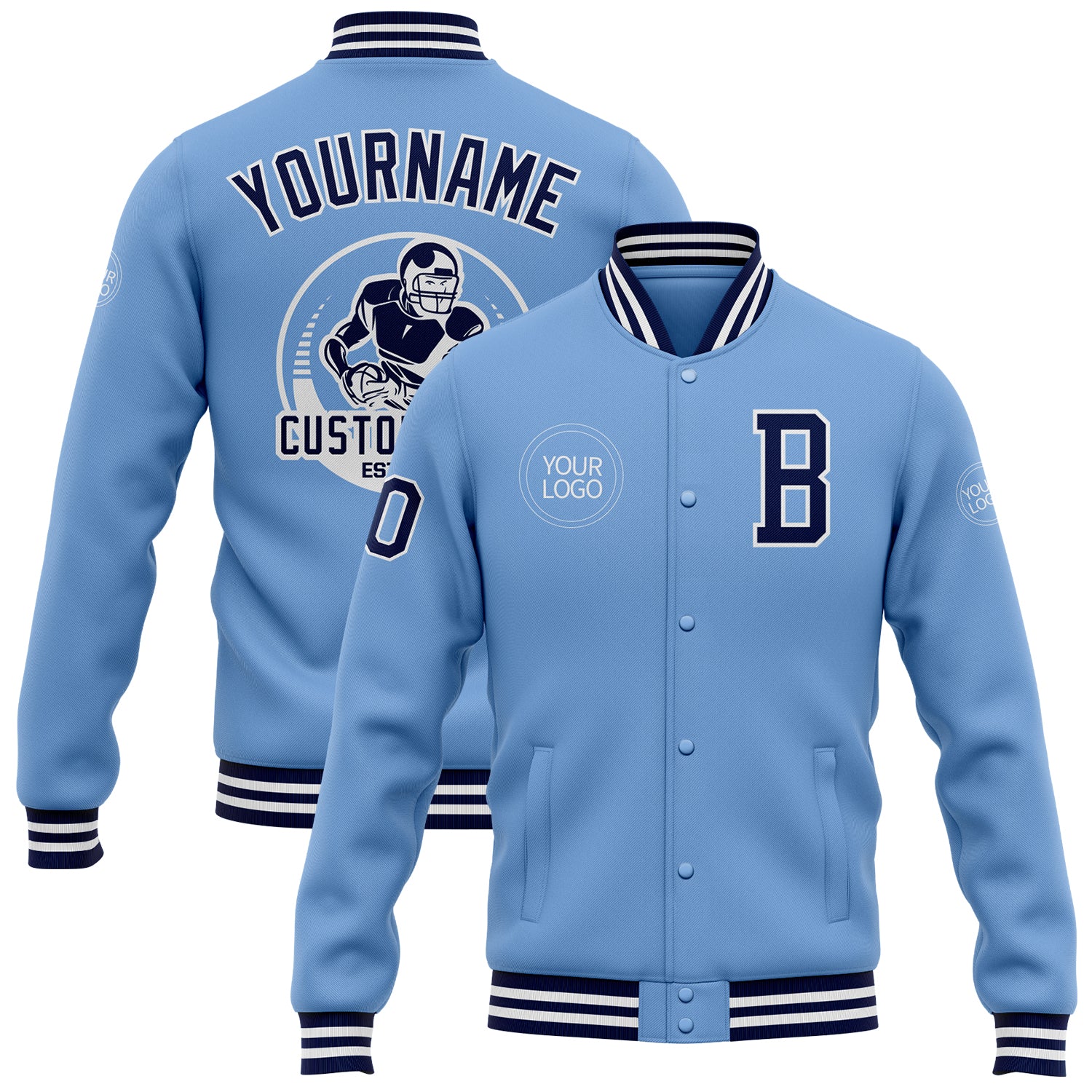 Personalized Light Blue Navy White Bomber Varsity Letterman Jacket - Custom Full-Snap Design Personalized Light Blue Navy-White