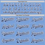 Custom Team Name and Number Bomber Varsity Jacket Light Blue Navy White Full-Snap Personalized Light Blue Navy-White Bomber