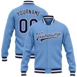 Custom Team Name and Number Bomber Varsity Jacket Light Blue Navy White Full-Snap Personalized Light Blue Navy-White Bomber