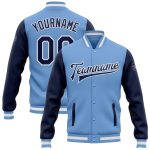 Custom Two-Tone Bomber Varsity Letterman Jacket with Personalized Name & Number - Light Blue Navy-White Personalized Light