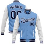 Personalized Light Blue Navy Varsity Letterman Jacket Bomber Full-Snap Two Tone Design Personalized Light Blue Navy-White