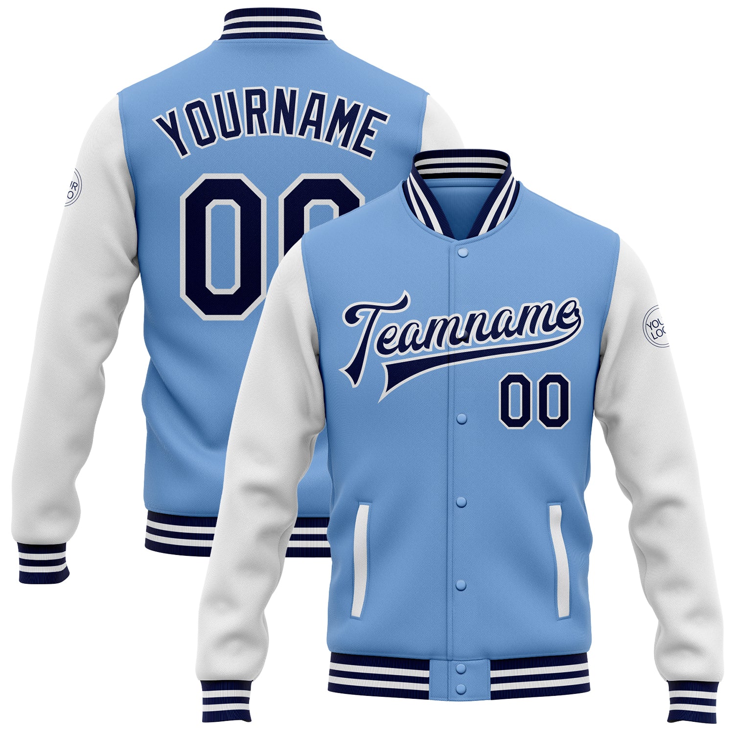 Personalized Light Blue Navy Varsity Letterman Jacket Bomber Full-Snap Two Tone Design Personalized Light Blue Navy-White