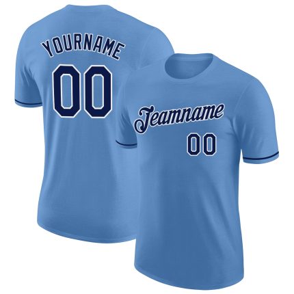 Custom Team Name and Number Personalized Light Blue Navy-White Performance T-Shirt Personalized Light Blue Navy-White Performance