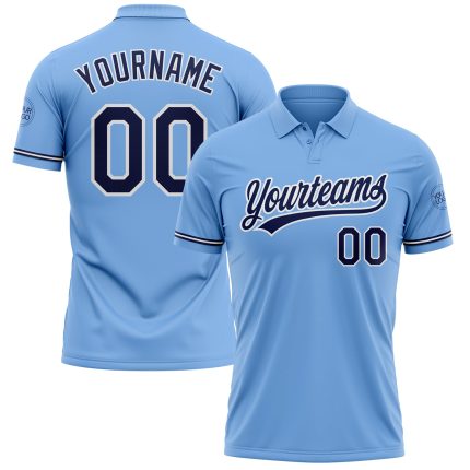 Custom Light Blue Navy White Golf Polo Shirt with Name and Number - Performance Vapor Team Apparel Personalized Light Blue