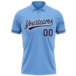 Custom Light Blue Navy White Golf Polo Shirt with Name and Number - Performance Vapor Team Apparel Personalized Light Blue