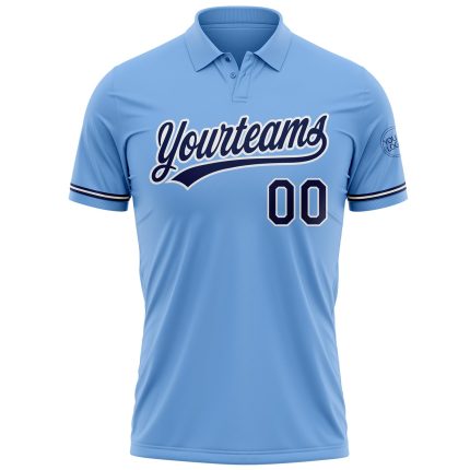 Custom Light Blue Navy White Golf Polo Shirt with Name and Number - Performance Vapor Team Apparel Personalized Light Blue