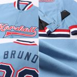 Custom Name and Number Light Blue Navy White-Red Bomber Varsity Jacket Full-Snap Letterman Style Personalized Light Blue