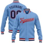 Custom Name and Number Light Blue Navy White-Red Bomber Varsity Jacket Full-Snap Letterman Style Personalized Light Blue