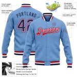 Custom Name and Number Light Blue Navy White-Red Bomber Varsity Jacket Full-Snap Letterman Style Personalized Light Blue