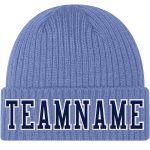 Custom Personalized Cuffed Knit Hat Light Blue Navy White Stitched with Team Name and Number Personalized Light Blue Navy-White