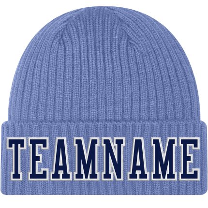 Custom Personalized Cuffed Knit Hat Light Blue Navy White Stitched with Team Name and Number Personalized Light Blue Navy-White