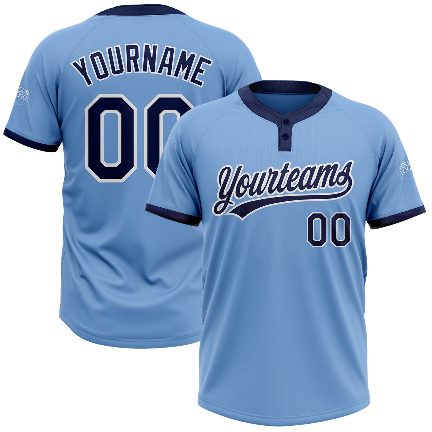 Custom Team Name and Number Unisex Softball Jersey - Light Blue Navy White Two-Button Design Personalized Light Blue Navy-White
