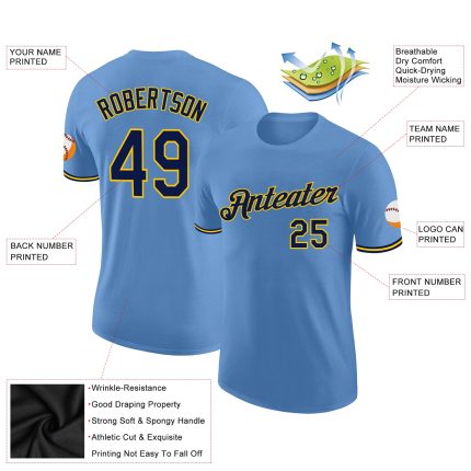 Custom Light Blue Navy Yellow Performance T-Shirt with Team Name and Number - Personalized Sports Shirt Personalized Light