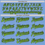 Custom Team Name and Number Bomber Jacket in Light Blue Neon Green-Black Full-Snap Varsity Style Personalized Light Blue