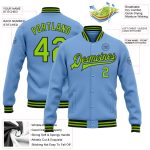 Custom Team Name and Number Bomber Jacket in Light Blue Neon Green-Black Full-Snap Varsity Style Personalized Light Blue