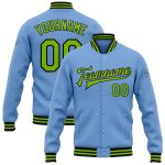 Custom Team Name and Number Bomber Jacket in Light Blue Neon Green-Black Full-Snap Varsity Style Personalized Light Blue