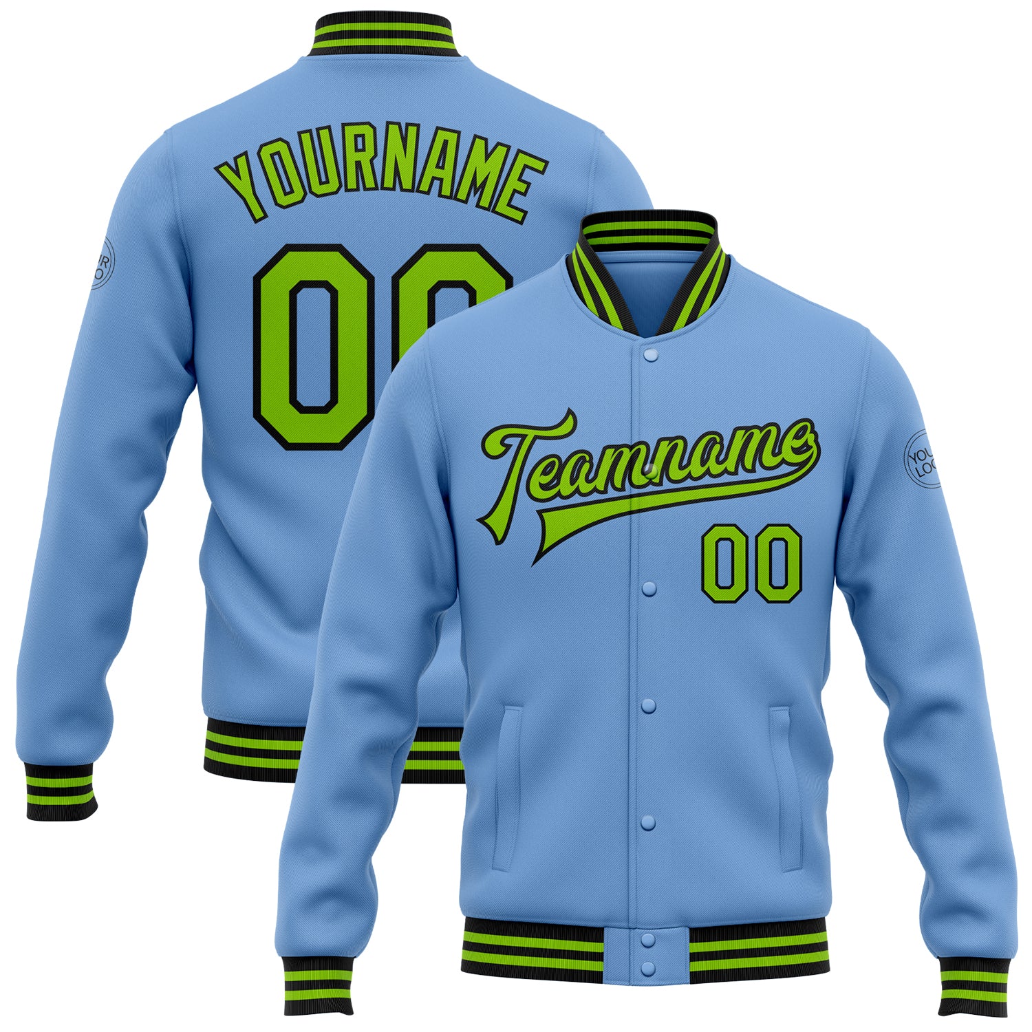Custom Team Name and Number Bomber Jacket in Light Blue Neon Green-Black Full-Snap Varsity Style Personalized Light Blue