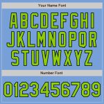 Customizable Bomber Varsity Jacket with Neon Green & Black - Personalized Light Blue Two Tone with Name and Number Personalized