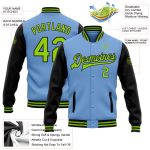 Customizable Bomber Varsity Jacket with Neon Green & Black - Personalized Light Blue Two Tone with Name and Number Personalized