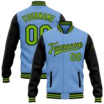 Customizable Bomber Varsity Jacket with Neon Green & Black - Personalized Light Blue Two Tone with Name and Number Personalized