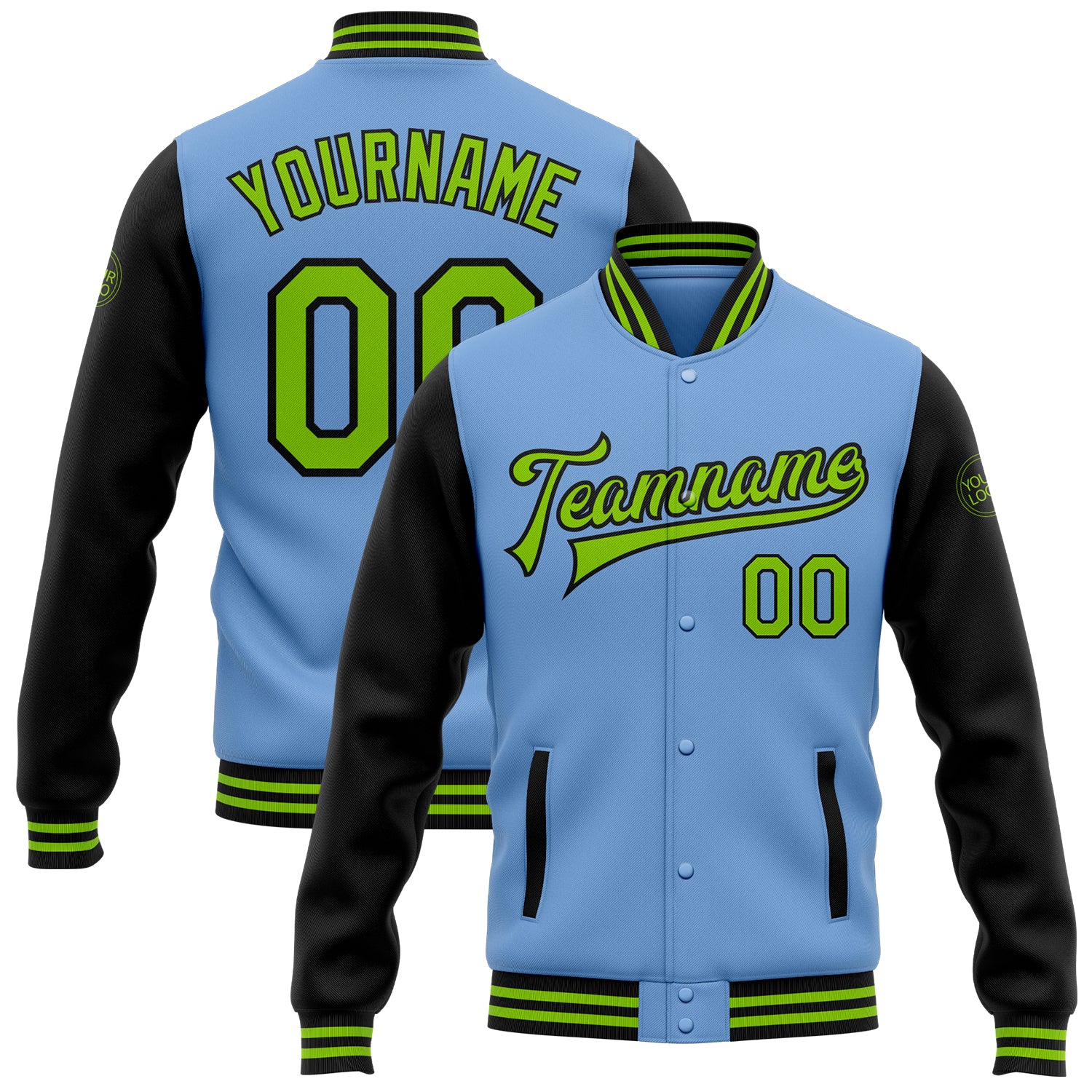 Customizable Bomber Varsity Jacket with Neon Green & Black - Personalized Light Blue Two Tone with Name and Number Personalized