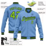 Custom Team Name Number Neon Green Navy Bomber Varsity Letterman Jacket Personalized Light Blue Full-Snap Personalized Light