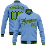 Custom Team Name Number Neon Green Navy Bomber Varsity Letterman Jacket Personalized Light Blue Full-Snap Personalized Light