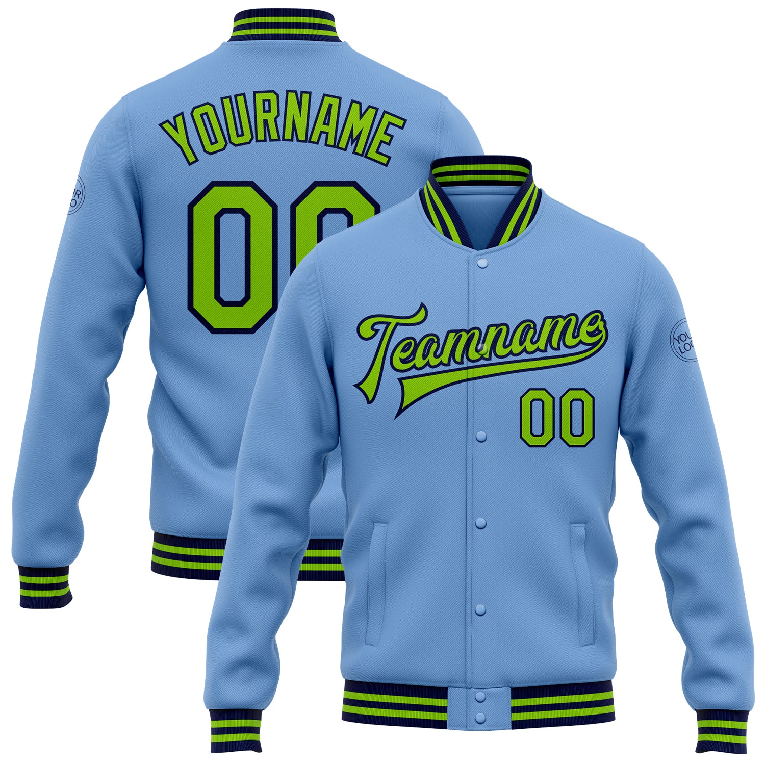 Custom Team Name Number Neon Green Navy Bomber Varsity Letterman Jacket Personalized Light Blue Full-Snap Personalized Light