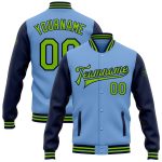 Custom Name and Number Two Tone Bomber Jacket - Personalized Light Blue & Neon Green-Navy Varsity Letterman Full-Snap Personalized