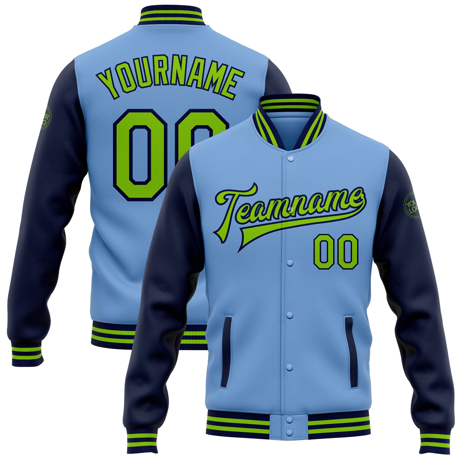 Custom Name and Number Two Tone Bomber Jacket - Personalized Light Blue & Neon Green-Navy Varsity Letterman Full-Snap Personalized