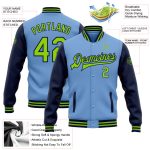 Custom Name and Number Two Tone Bomber Jacket - Personalized Light Blue & Neon Green-Navy Varsity Letterman Full-Snap Personalized