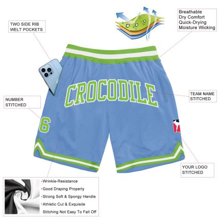 Custom Light Blue Neon Green-White Throwback Basketball Shorts with Personalized Name and Number Personalized Light Blue
