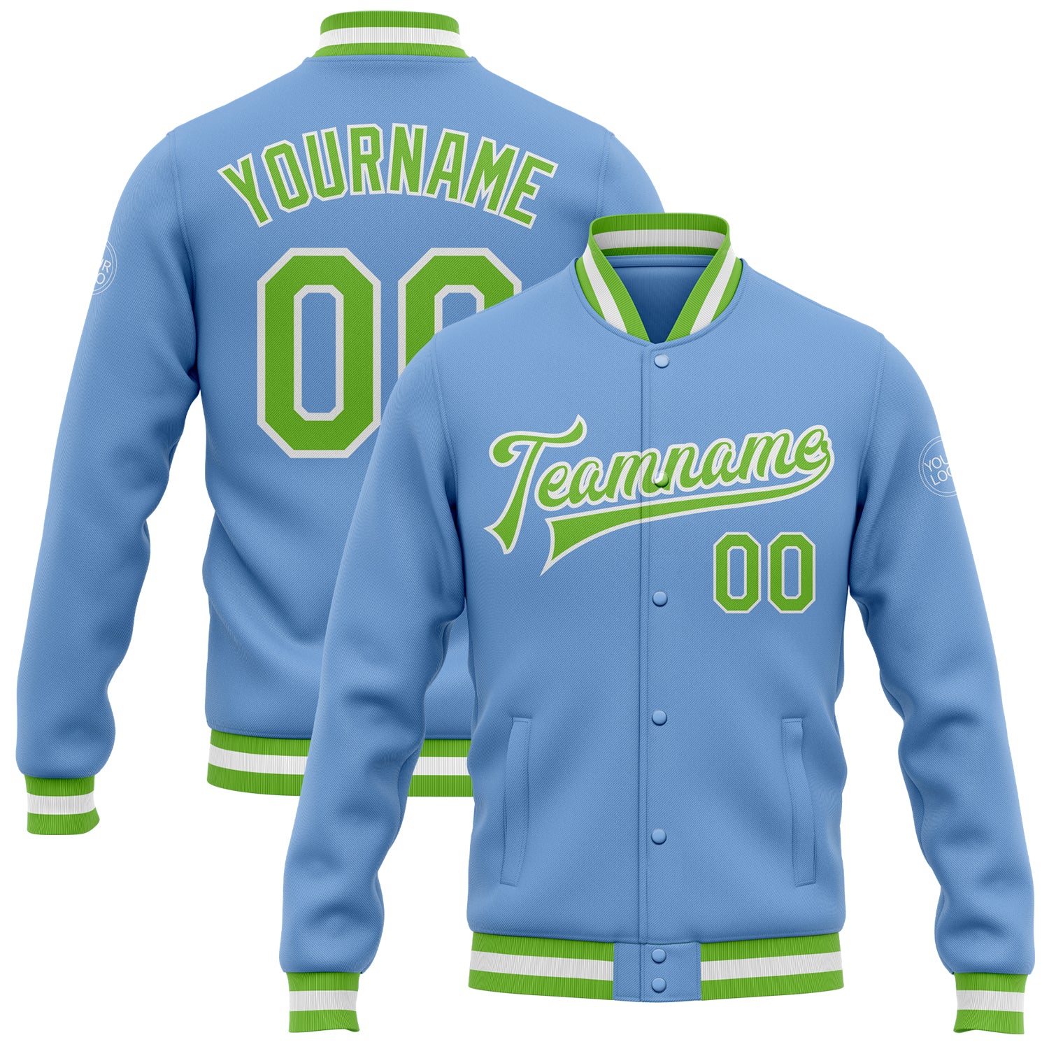 Custom Team Varsity Letterman Jacket with Personalized Name & Number - Light Blue Neon Green-White Full-Snap Bomber Personalized