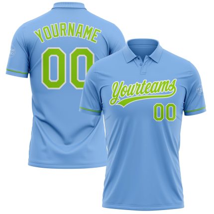 Custom Name Number Performance Golf Polo Shirt Light Blue Neon Green White Personalized Light Blue Neon Green-White Performance