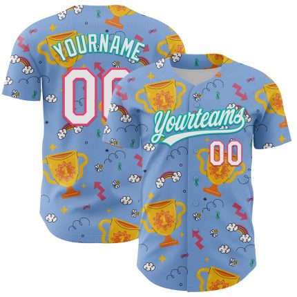 Custom Name and Number Champion Trophy Baseball Jersey in Light Blue Neon Pink-Aqua 3D Pattern Design Personalized Light