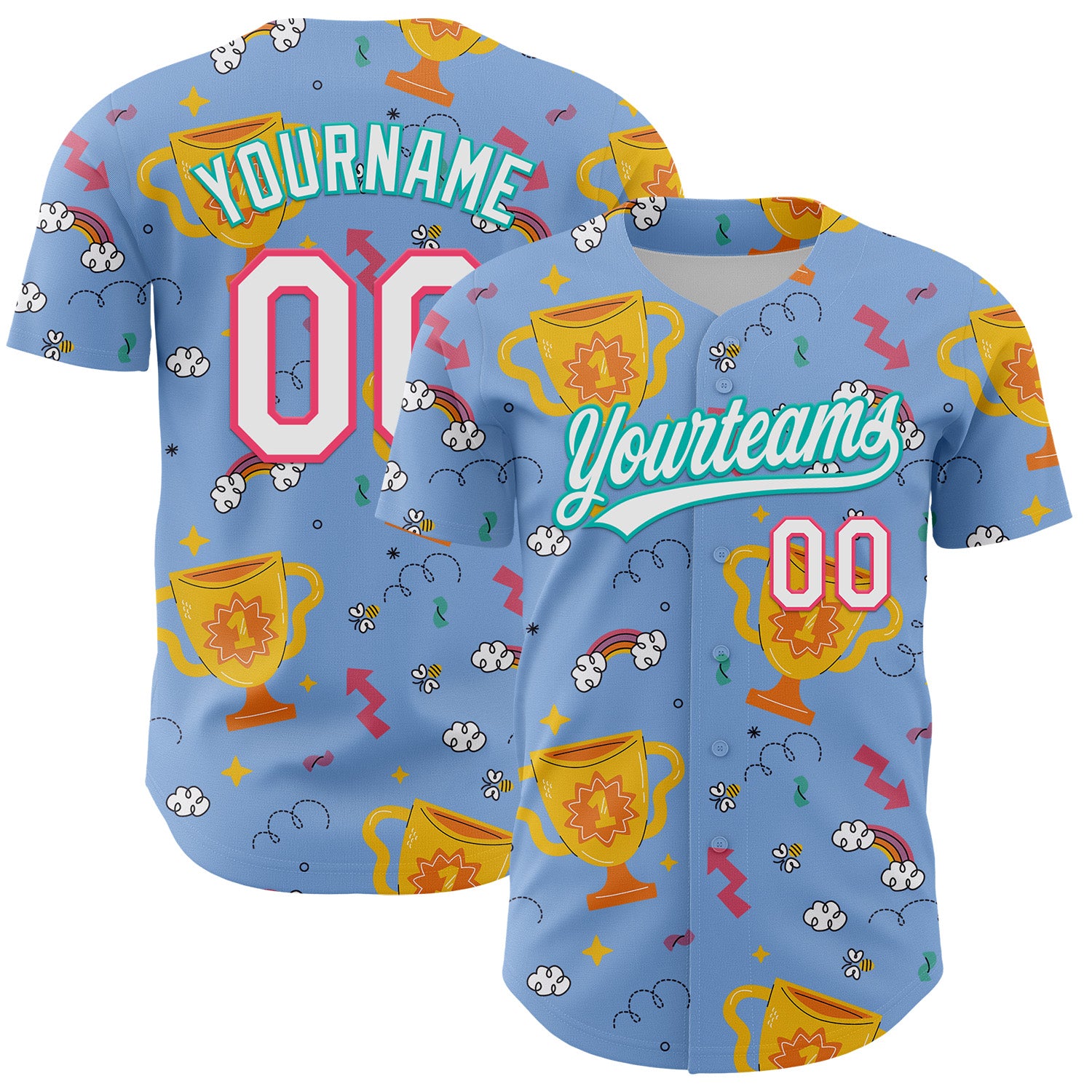 Custom Name and Number Champion Trophy Baseball Jersey in Light Blue Neon Pink-Aqua 3D Pattern Design Personalized Light